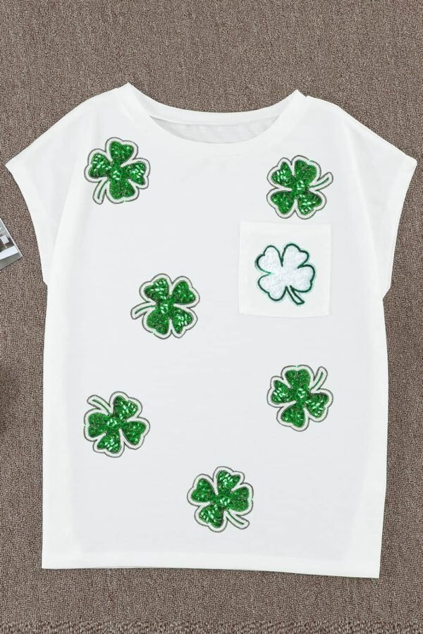 white Sequin St Patrick Clover Patch Pocket Loose Tee