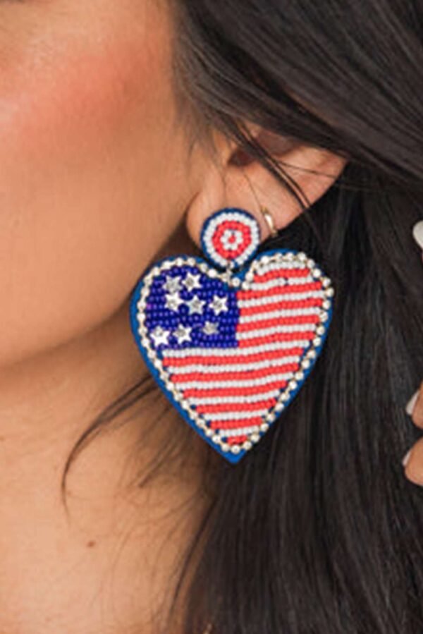 Sail Blue Rhinestone Beaded American Flag Heart Earrings