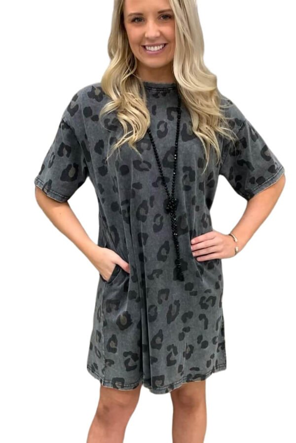 Gray Vintage Washed Leopard T-Shirt Dress with Pockets