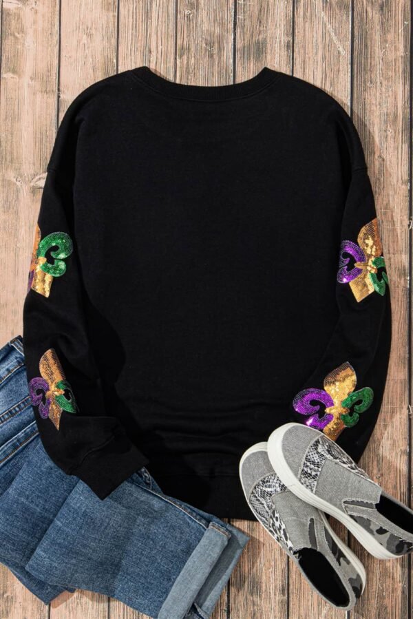 Black Sequin Mardi Gras Graphic Pullover Sweatshirt