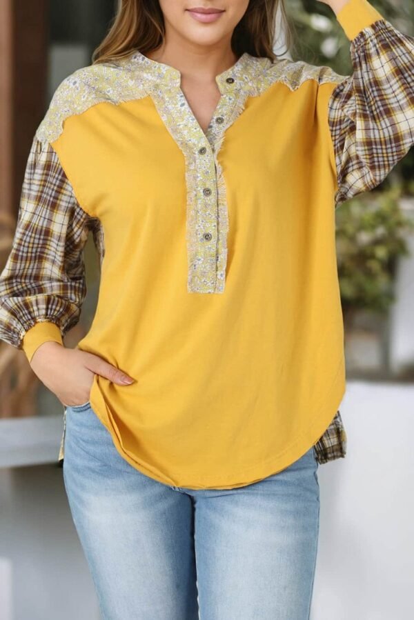 Yellow Floral Plaid Mixed Print Bishop Sleeve Patchwork Top