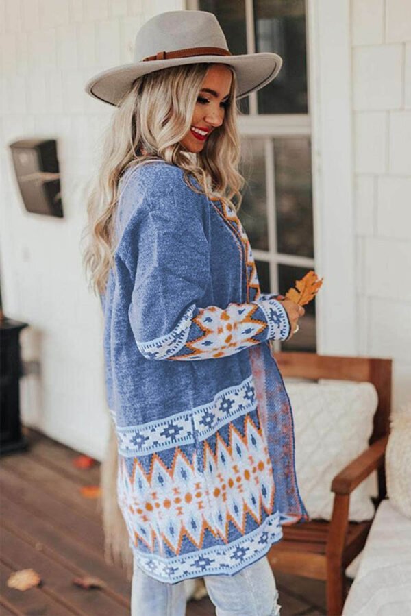 Blue Aztec Print Open Front Knitted Cardigan