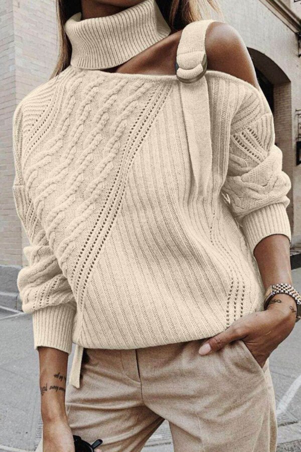 Apricot Strapped Cut out Shoulder Turtleneck Sweater