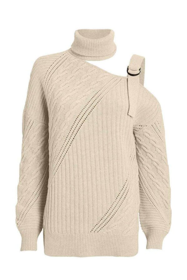 Apricot Strapped Cut out Shoulder Turtleneck Sweater