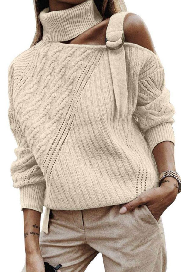 Apricot Strapped Cut out Shoulder Turtleneck Sweater