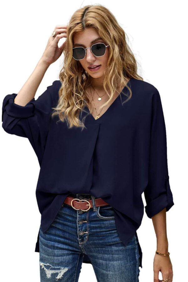 Blue V Neck 3/4 Sleeve High Low Hem Shirt