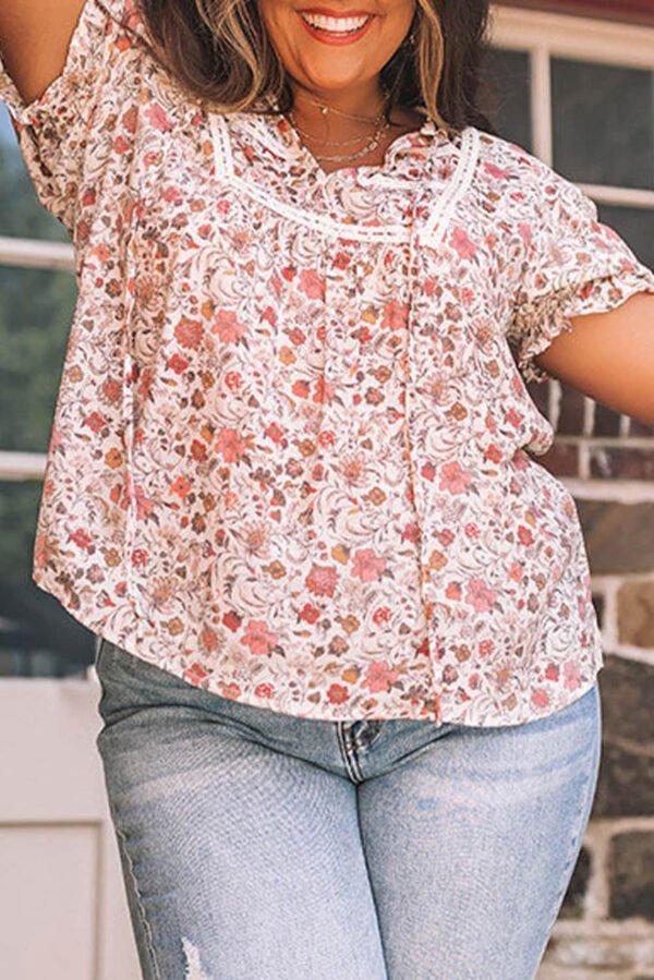 Pink Split Neck Floral Print Plus Size Top