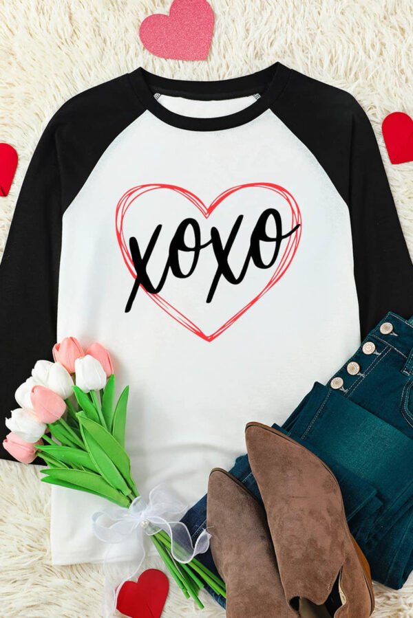 Black XOXO Heart Graphic Contrast Sleeve Tee