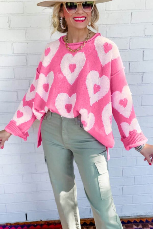 Bonbon Pearl Beaded Heart Drop Shoulder Sweater