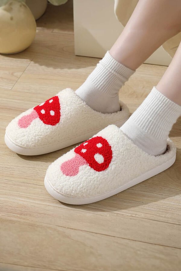 White Cute Cartoon Mushroom Graphic Fuzzy Winter Slippers