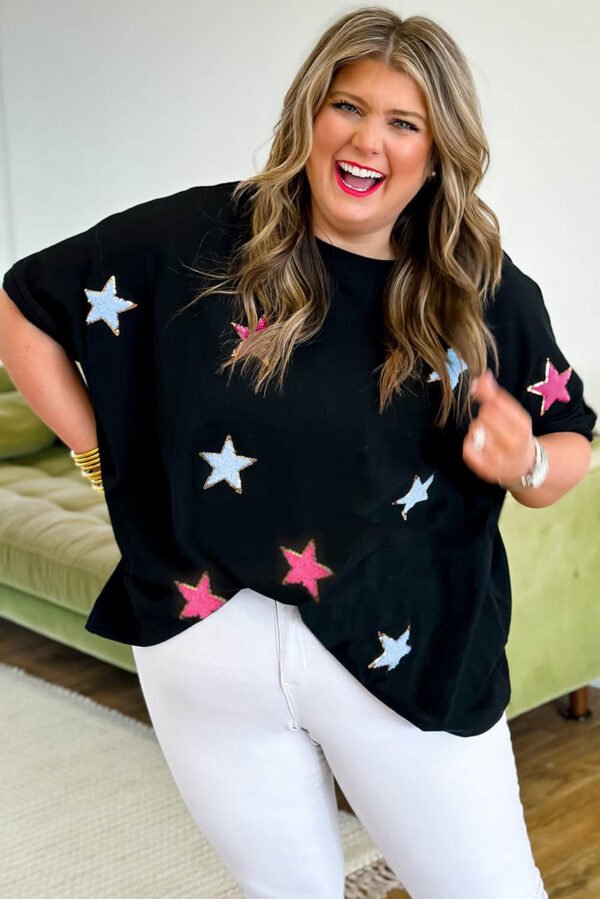 Black Sequin Chenille Star Pattern Plus Size Tee