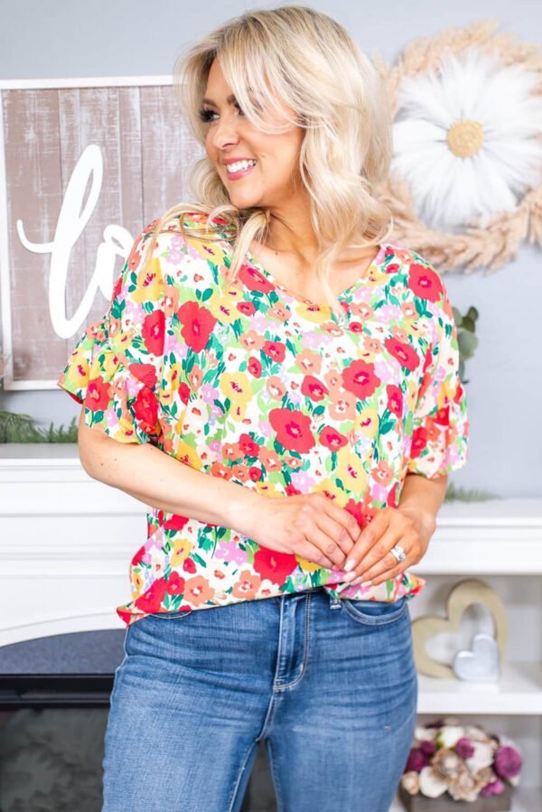 Red Floral Print Ruffled Short Sleeve V Neck Blouse