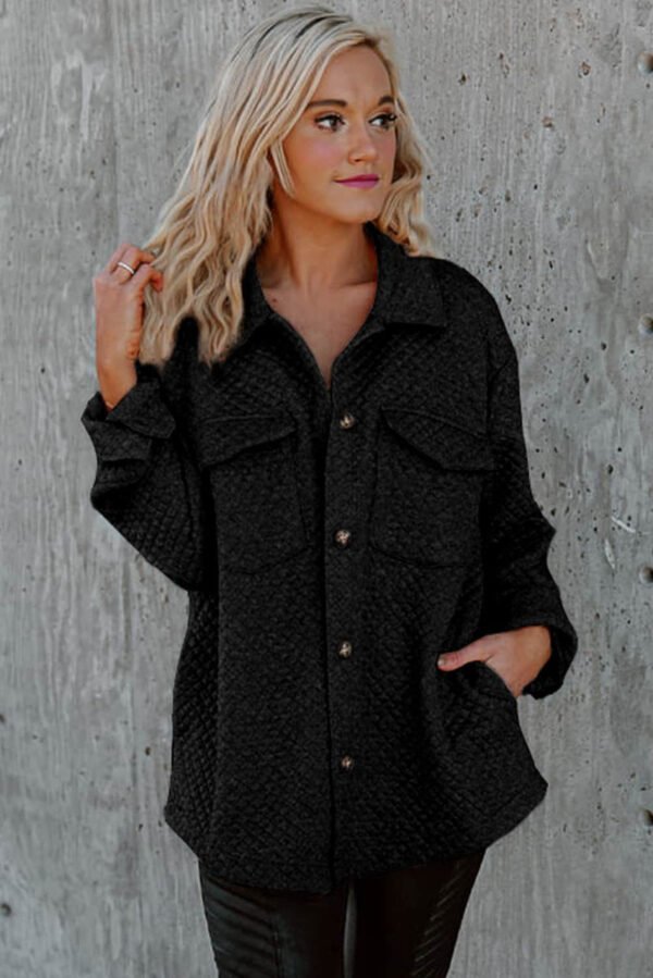 Black Lattice Texture Retro Flap Pocket Button Shacket