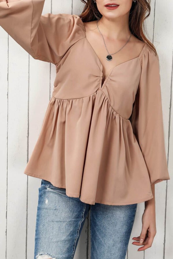 Orange Notched V-Neck Smocked Back Peplum Blouse