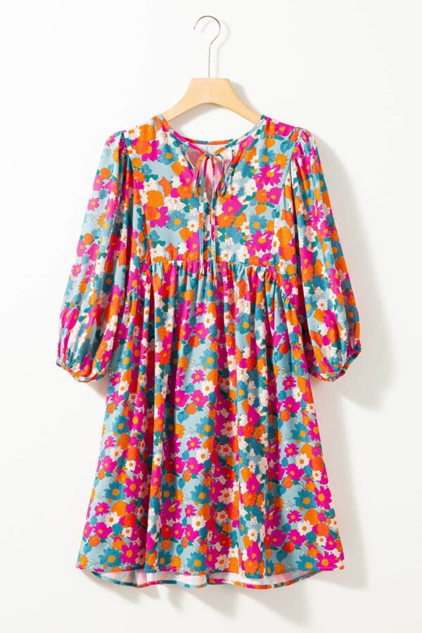 Sky Blue Floral Print Tie Split Neck Bubble Sleeve Babydoll Dress