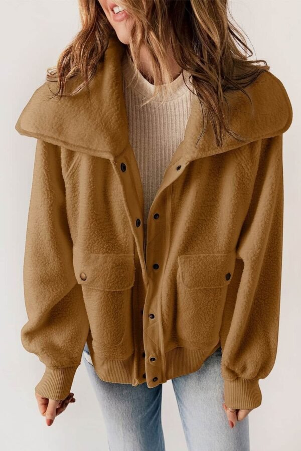 Brown Button Flap Pocket Spread Collar Fleece Jacket