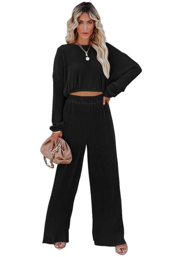 Black Corded Cropped Pullover and Wide Leg Pants Set