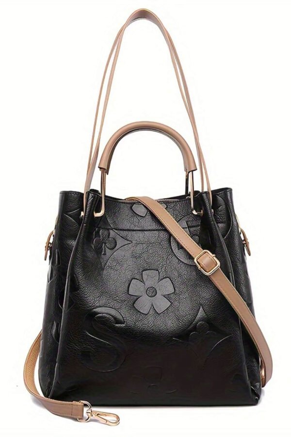 Black Embossed Leather Multi-functional Shoulder Bag with Handle