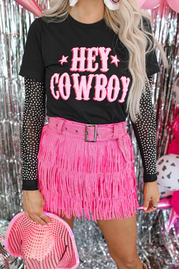 Black HEY COWBOY Letters Crew Neck T-shirt