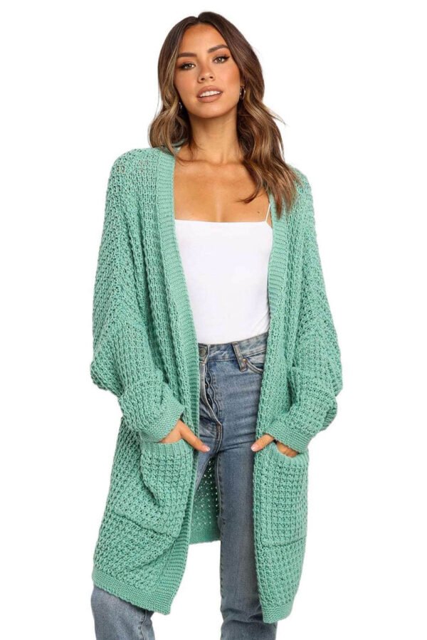 Green Long Line Open Front Knitted Cardigan with Pockets