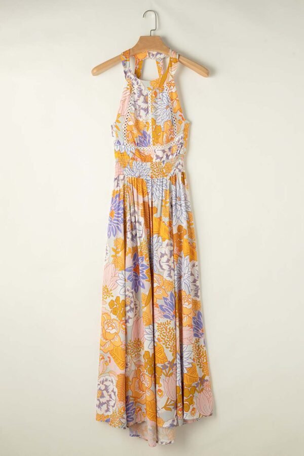 Orange Boho Floral Backless Lace up Sleeveless Maxi Dress