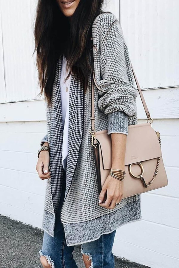 Gray Plaid Knitted Long Open Front Cardigan