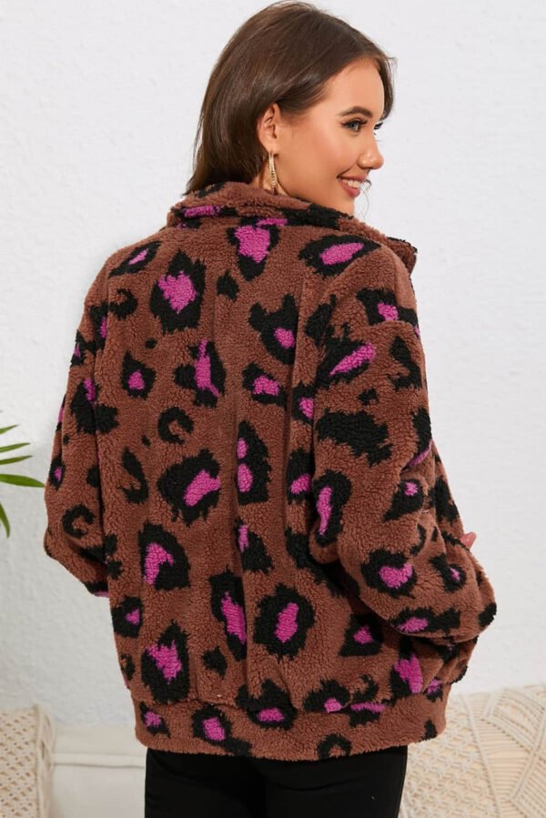 Leopard Zip Up Stand Collar Sherpa Teddy Jacket