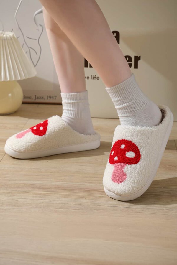 White Cute Cartoon Mushroom Graphic Fuzzy Winter Slippers