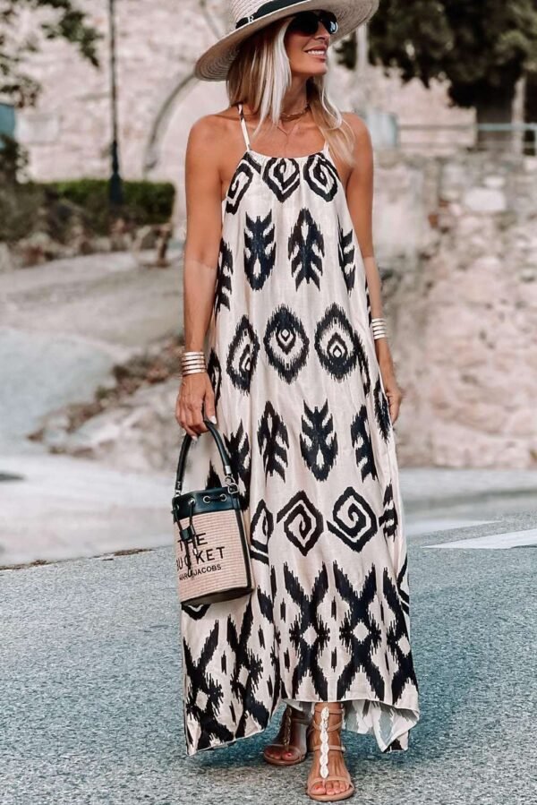 Black Plus Size Western Print Halter Maxi Dress