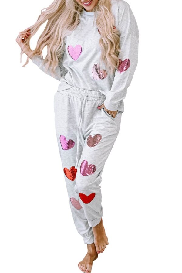 Gray Sequin Valentine Heart Pattern Pullover Jogger Pants Set