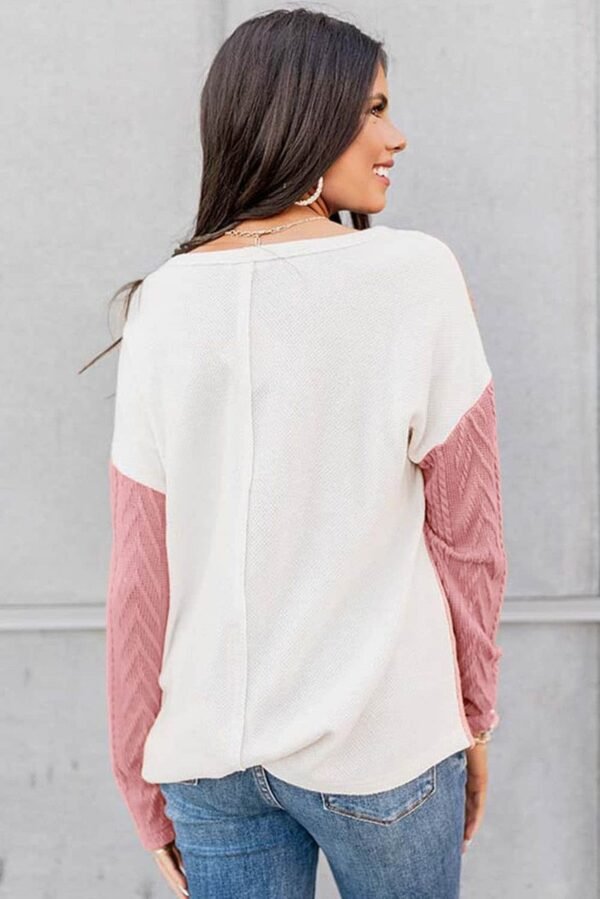 Peach Blossom Long Sleeve Colorblock Chest Pocket Textured Knit Top