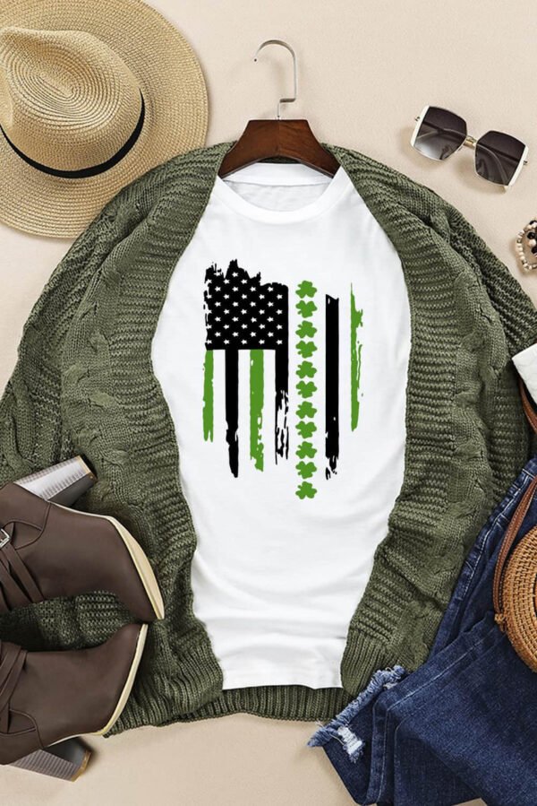 White St. Patricks Clover American Flag Print Crewneck Tee