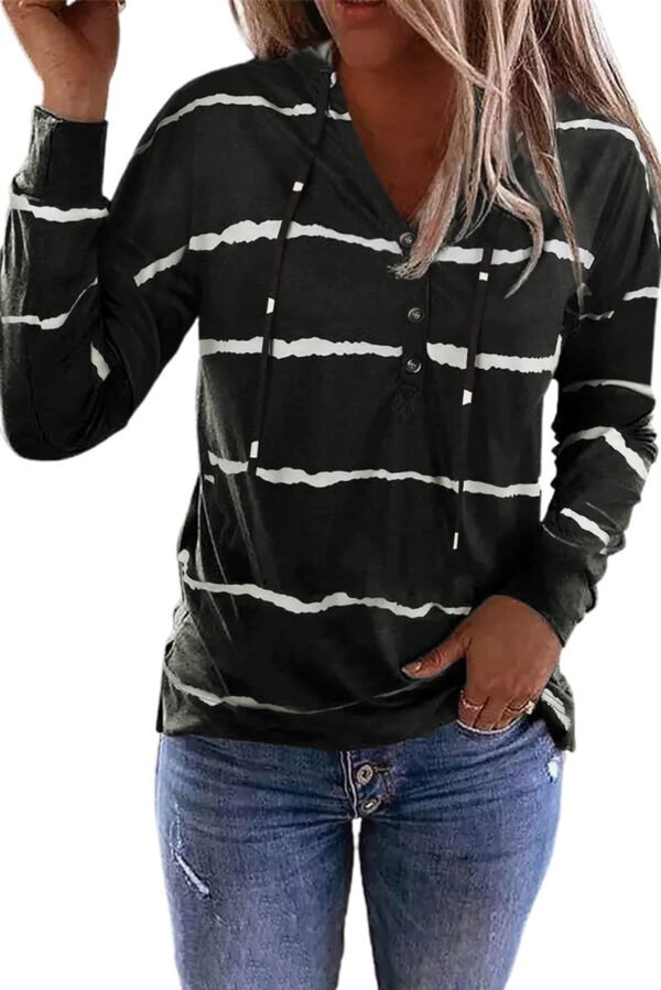 Black Striped Drawstring Button Long Sleeve Hoodie