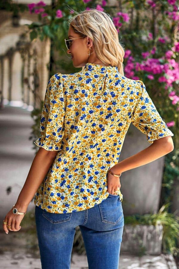 Yellow Boho Floral Ruffle Short Sleeve Frill Mock Neck Blouse