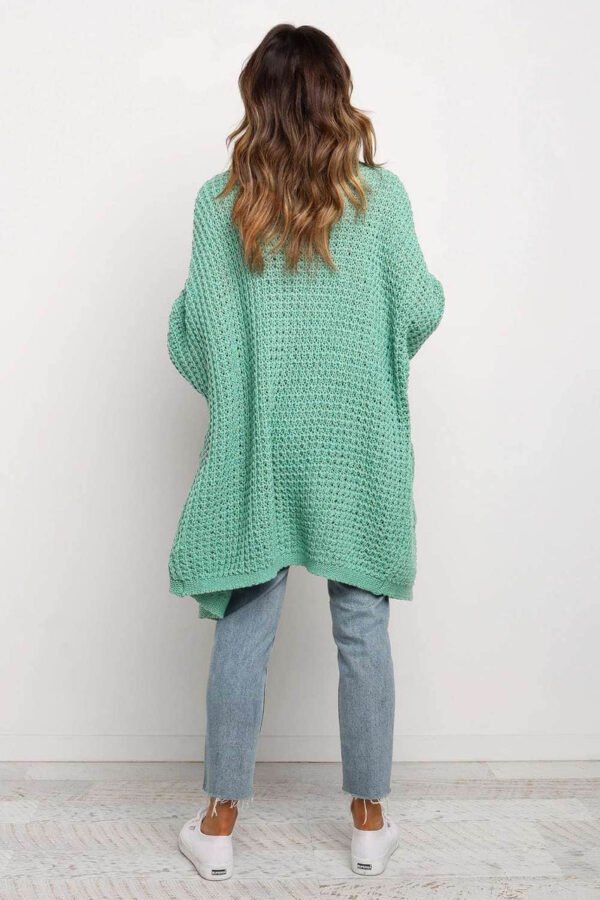 Green Long Line Open Front Knitted Cardigan with Pockets