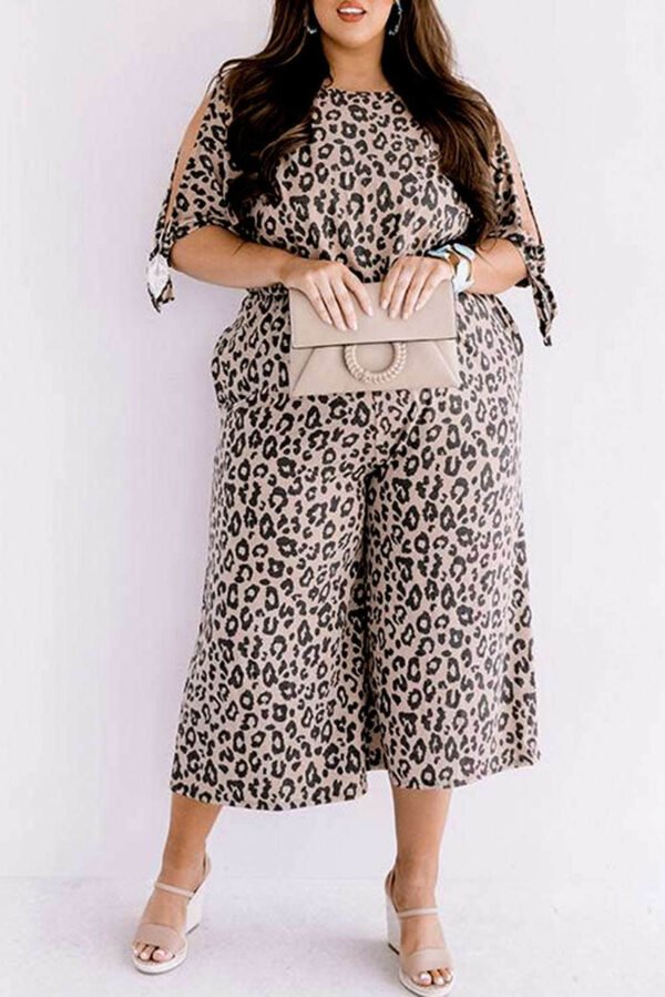 Leopard Print Cut-out Half Sleeve Plus Size Jumpsuit