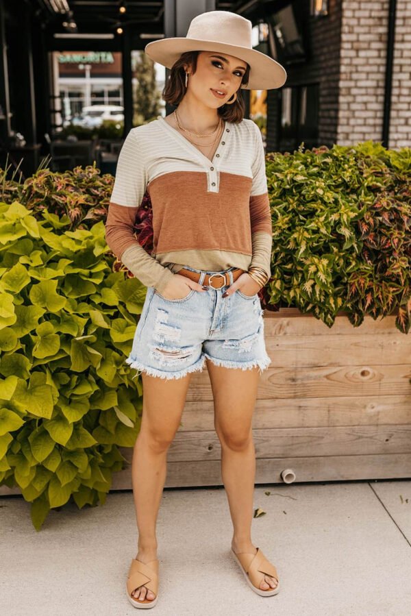 Orange Striped Color Block Henley Top
