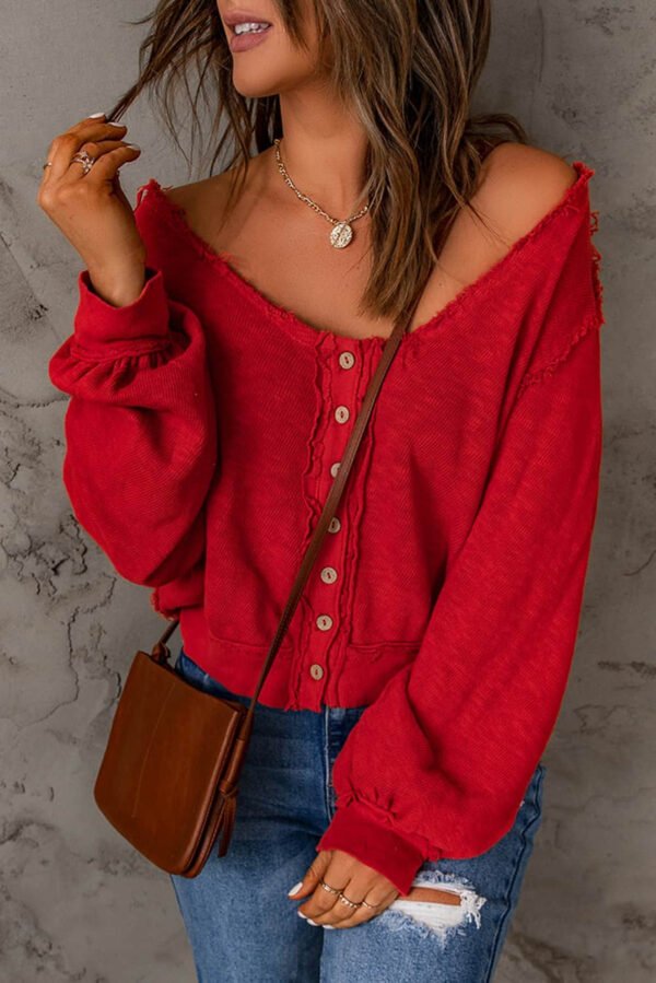 Button Front Distressed Knit Patched Top