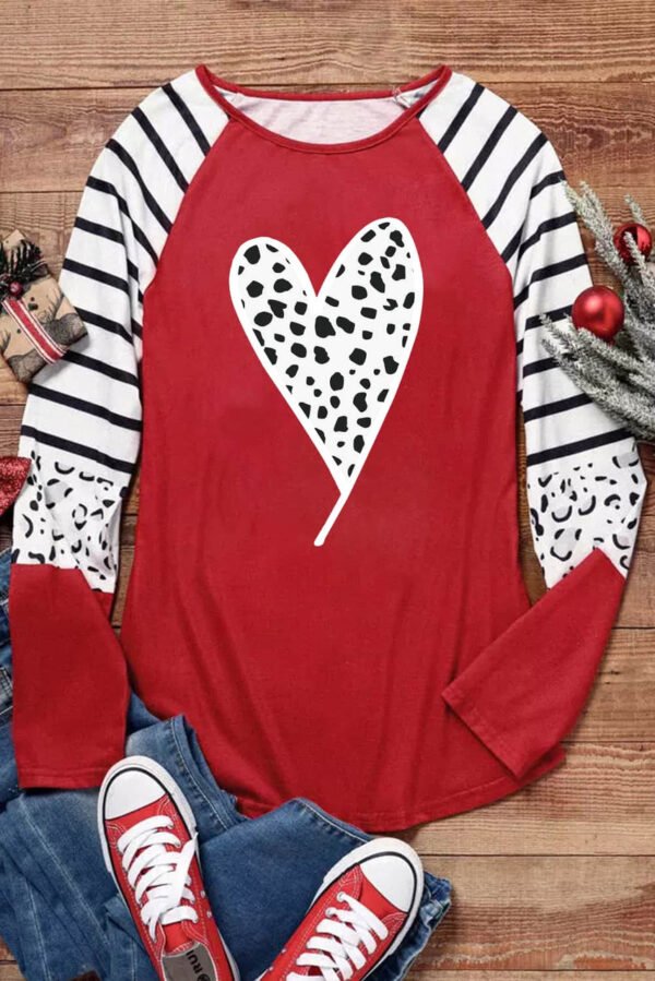 Red Valentines Leopard Heart Print Color Block Long Sleeve Top