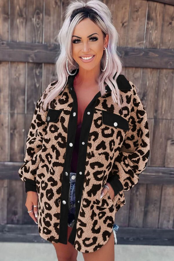 Black Contrast Trimmed Leopard Teddy Shacket