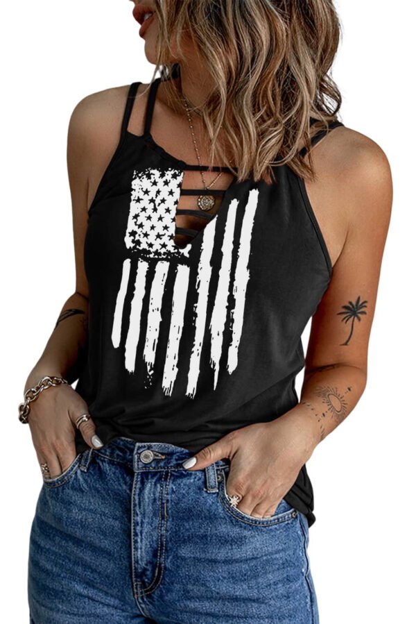 Black American Flag Print Cut Out Spaghetti Strap Tank Top