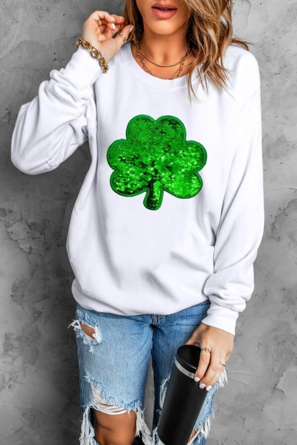 White Sequin Clover Embroidered Drop Shoulder Sweatshirt