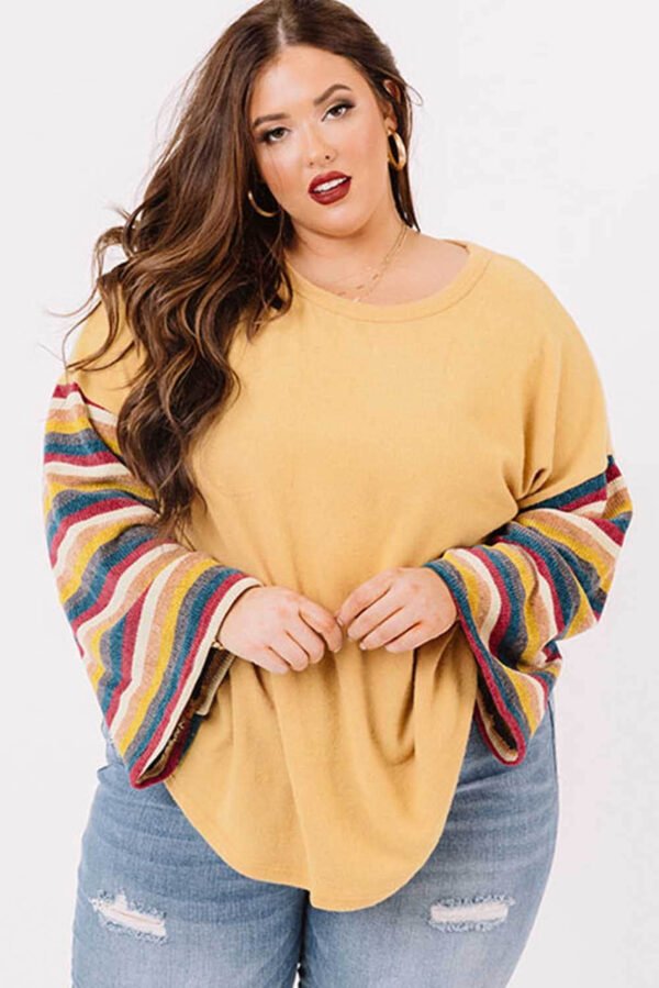 Yellow Serape Striped Bell Sleeve Plus Size Top