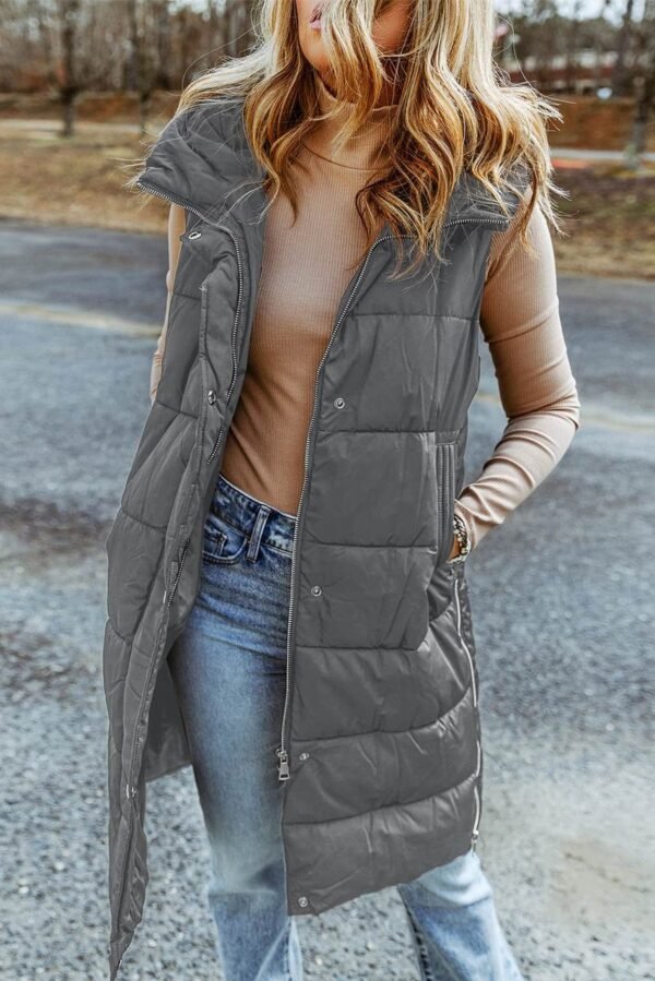 Dark Grey Hooded Long Quilted Vest Coat