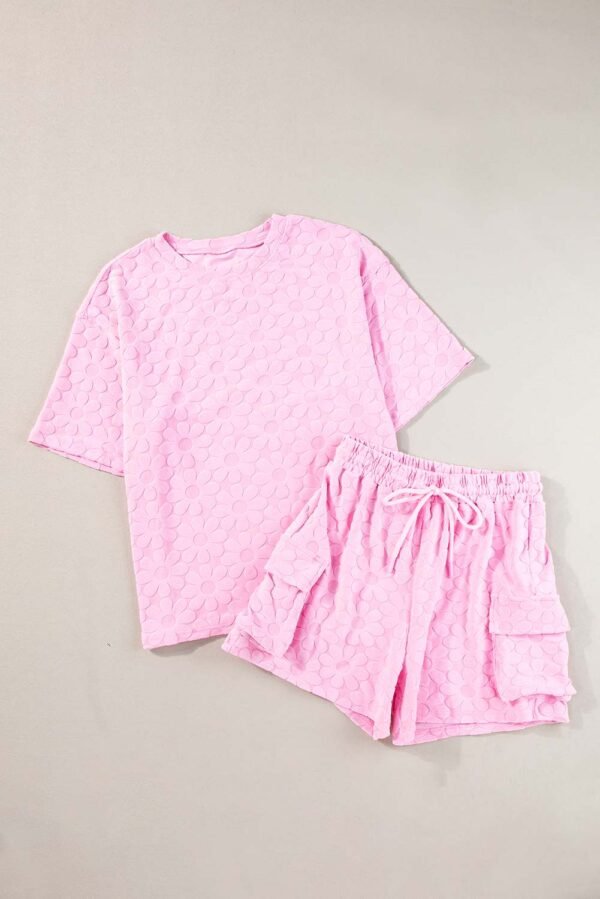 Pink Floral Textured Short Sleeve Top and Shorts Lounge Set