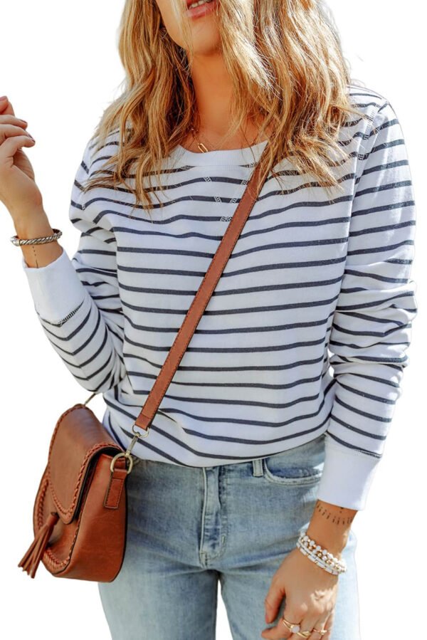 Striped Print Ribbed Trim Long Sleeve Top