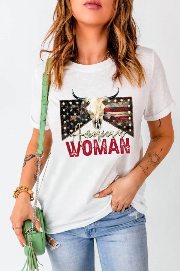 White American Woman Bull Skull Graphic T Shirt