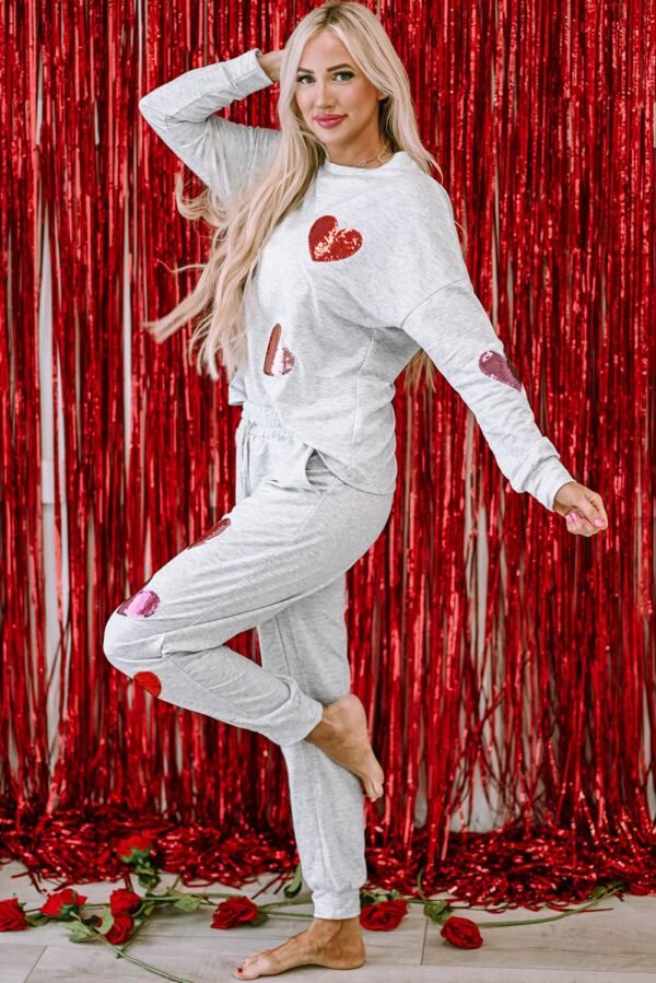 Gray Sequin Valentine Heart Pattern Pullover Jogger Pants Set