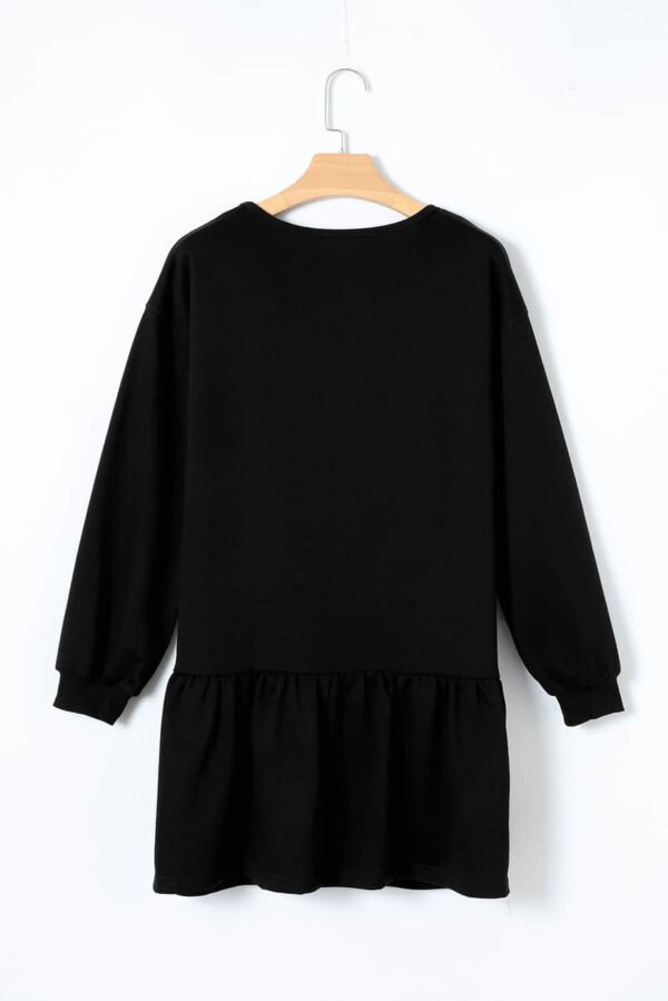 Black Solid Color Puff Sleeve Ruffle Hem Mini Dress