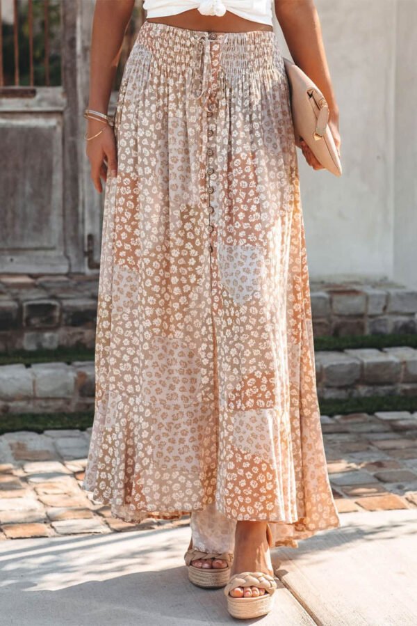 Apricot Boho Flower Print Smocked Waist Button Slit Maxi Skirt